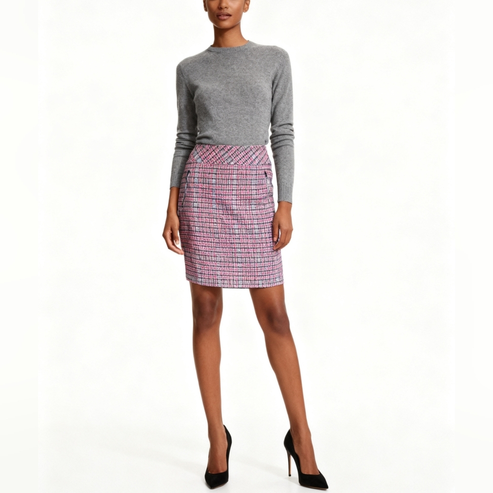 Talbots Red and Gray Plaid Pencil Skirt With Side Zip Pockets